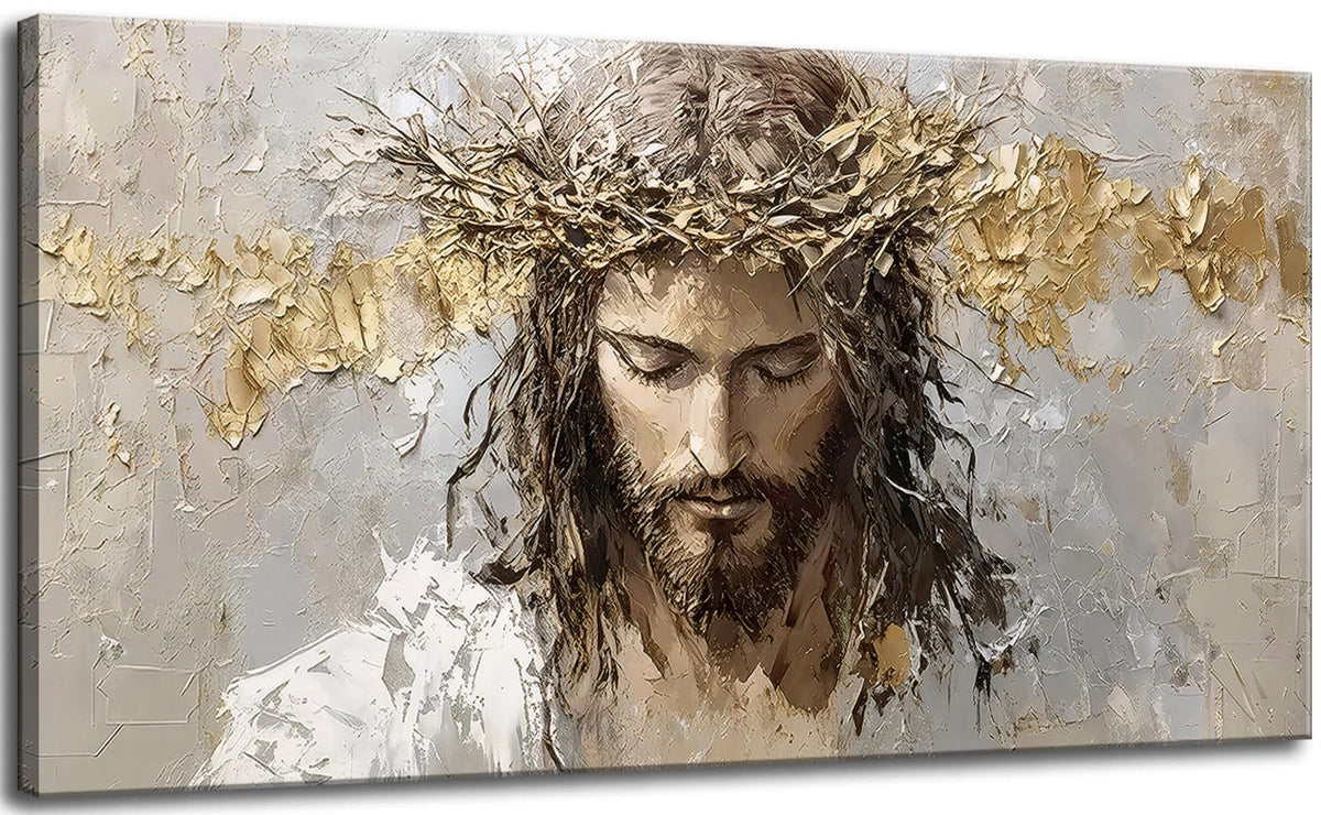 Large Jesus Portrait Canvas Wall Art Abstract Gold Thorns Jesus Painting Decor Pictures Beige Gray Christian God Posters Prints for Dining Living Prayer Room Kitchen Church Wall Bedroom Decoration