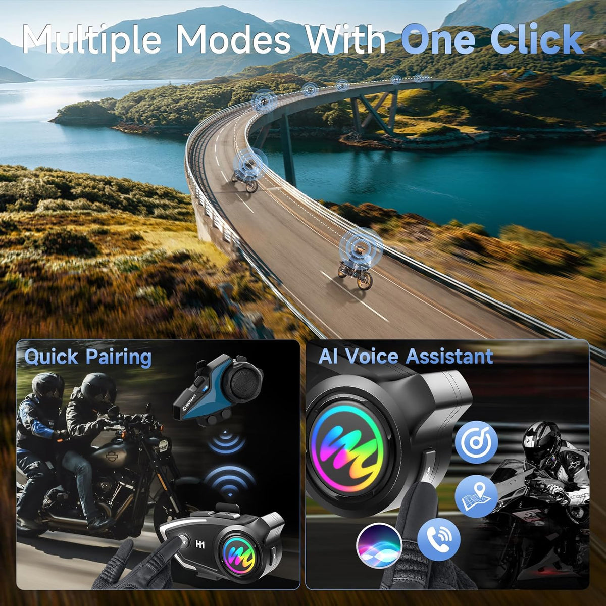 Moman Motorcycle Intercom Headset, H1 1 Pack Dirt Bike Communication System AI Voice Assistant IP67 Waterproof Automatic Answer Noise Cancellation, Motorbike-Helmet-Wireless-Intercom-Headset