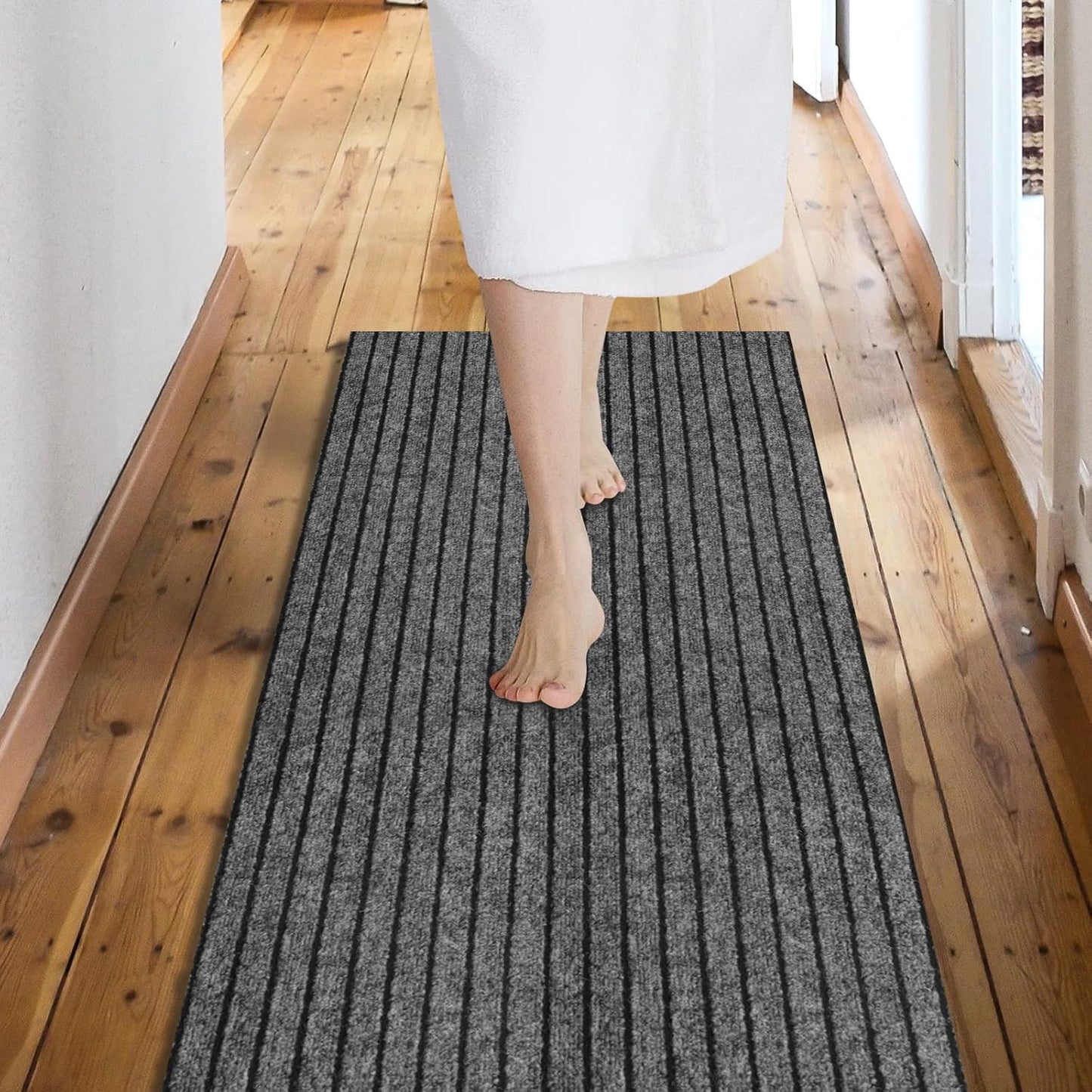 Custom Size Backed Non-Slip Area Rugs Runner, Easy Clean, Waterproof Runner Rugs for Hallway Entryway, Kitchen, Laundry, 2FT x 56FT, Gray Stripe
