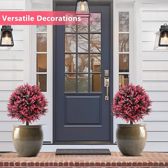 28" Set of 2 Artificial Boxwood Topiary Ball Bush for Outdoor with Ground Spike, UV Resistant Faux Greenery Shrubs, Fake Rose&Green Boxwood Plants for Garden, Yard, Porch, Patio Decor