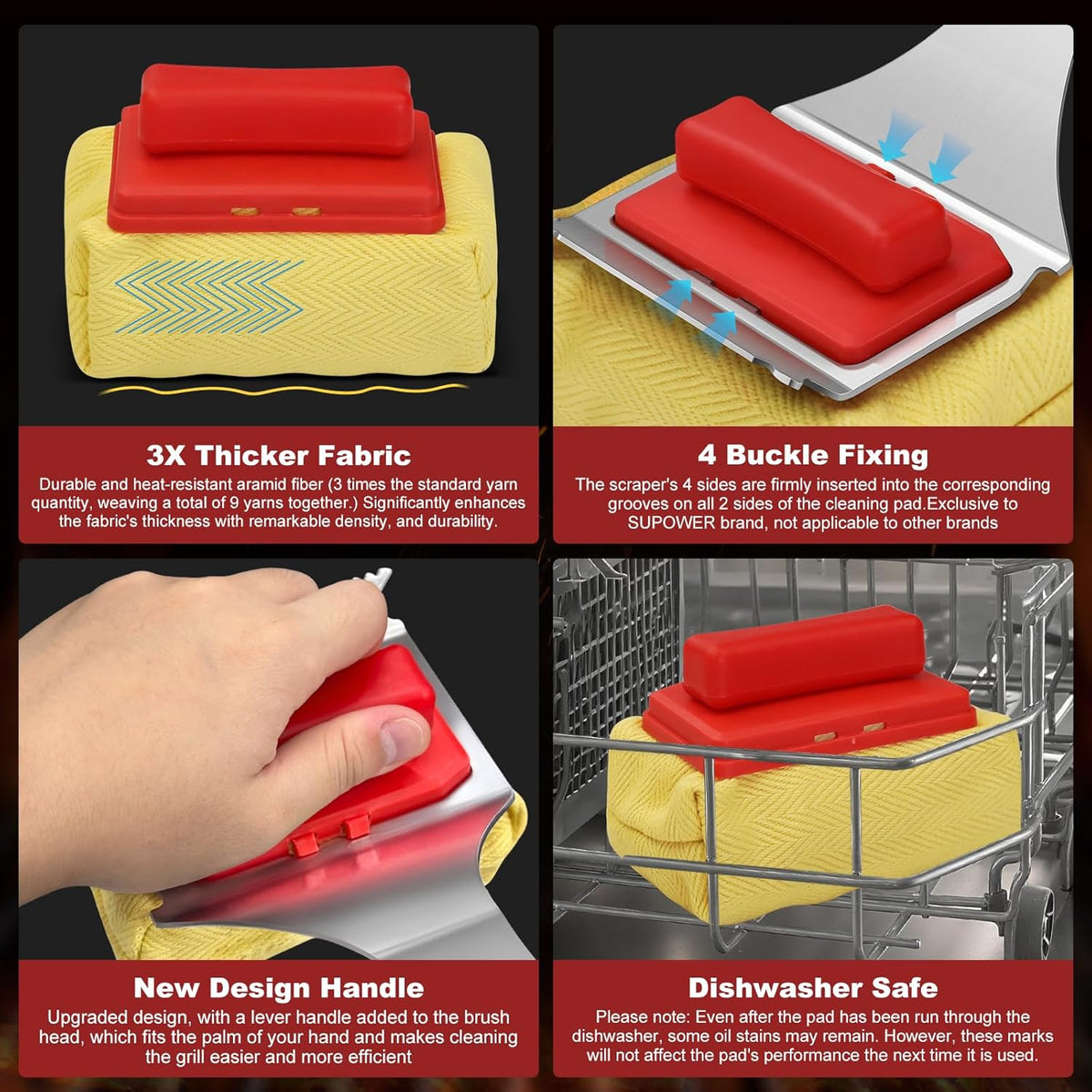 Steam Safe Grill Cleaning Brush Bristle Free and Scraper for Outdoor Grill with 15" Extended Handle, 3X Thick Aramid Fabric Replaceable Brush Heads, Triple-Groove Scraper Design for All Grates, Red