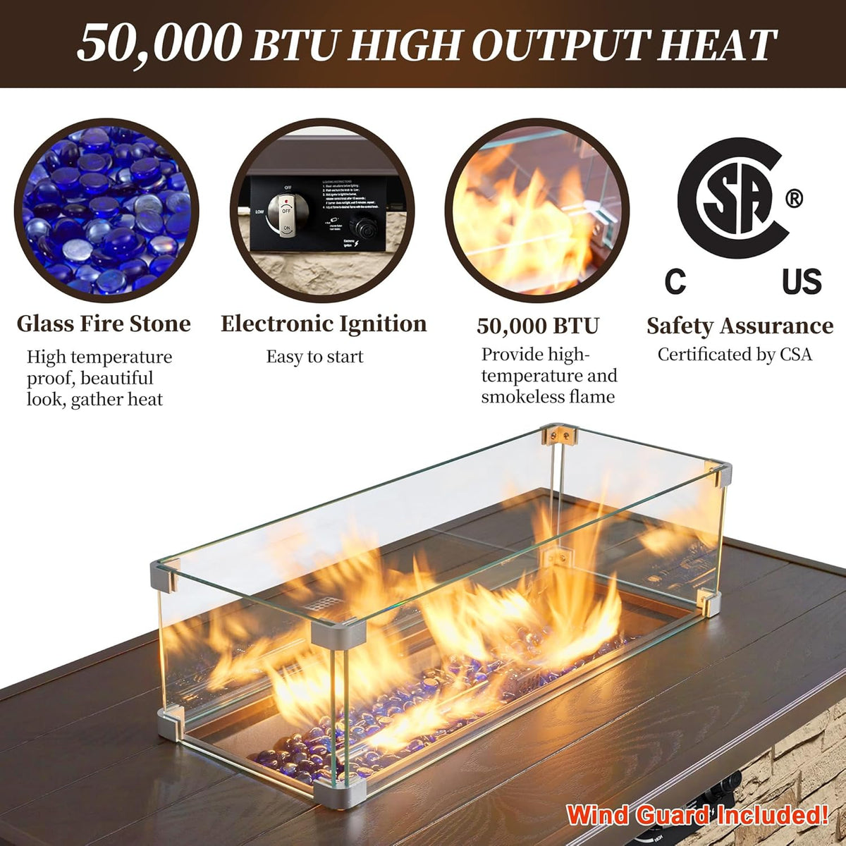 43¡± Propane Fire Pit Table Outdoor Rectangular Stone Firepit Table 50,000 Btu Propane Fire Tables for Outside Patio with Glass Wind Guard, Lid, Fire Glass Beads,Buff Rock Look