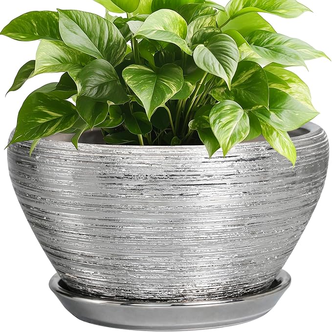 Pot for Plants 9 Inch - Ceramic Plant Pot Indoor with Drainage Hole and Saucer Round Planter for Indoor Plants Modern Decorative Flower Pot for Home Decor Silver