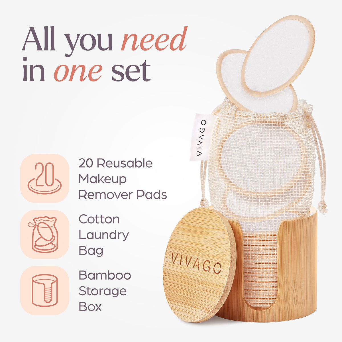 VIVAGO Reusable Cotton Rounds for Face - 20 Pack