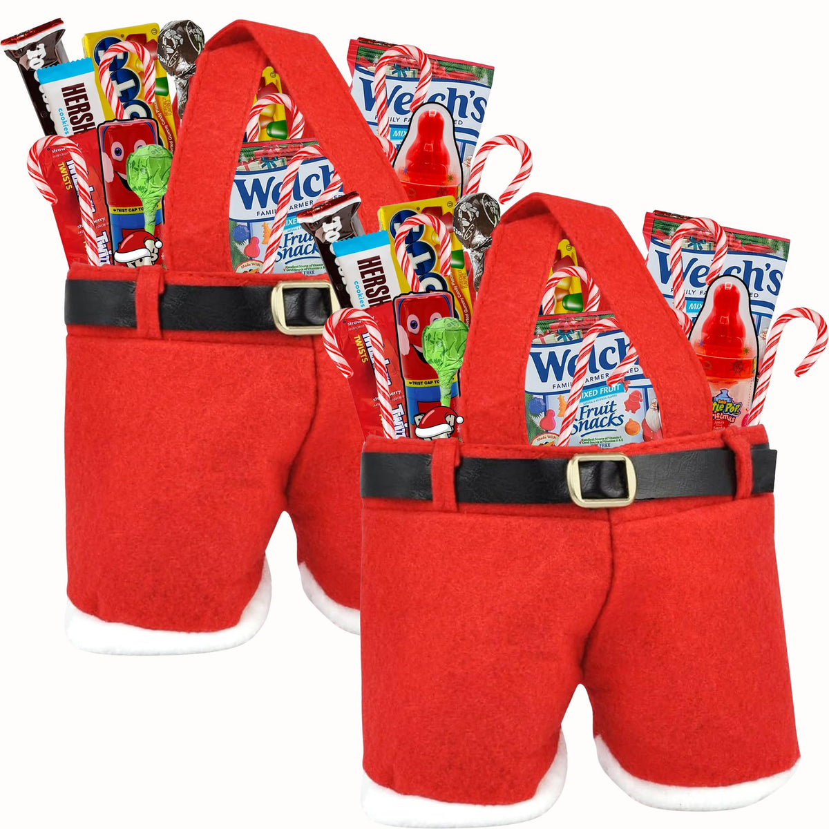 Christmas Candy Filled Santa Pants, 2 Count, Variety Assortment Prefilled Stocking Stuffers, Holiday Fruit Snacks, Candy Cane and More, Holiday Treats