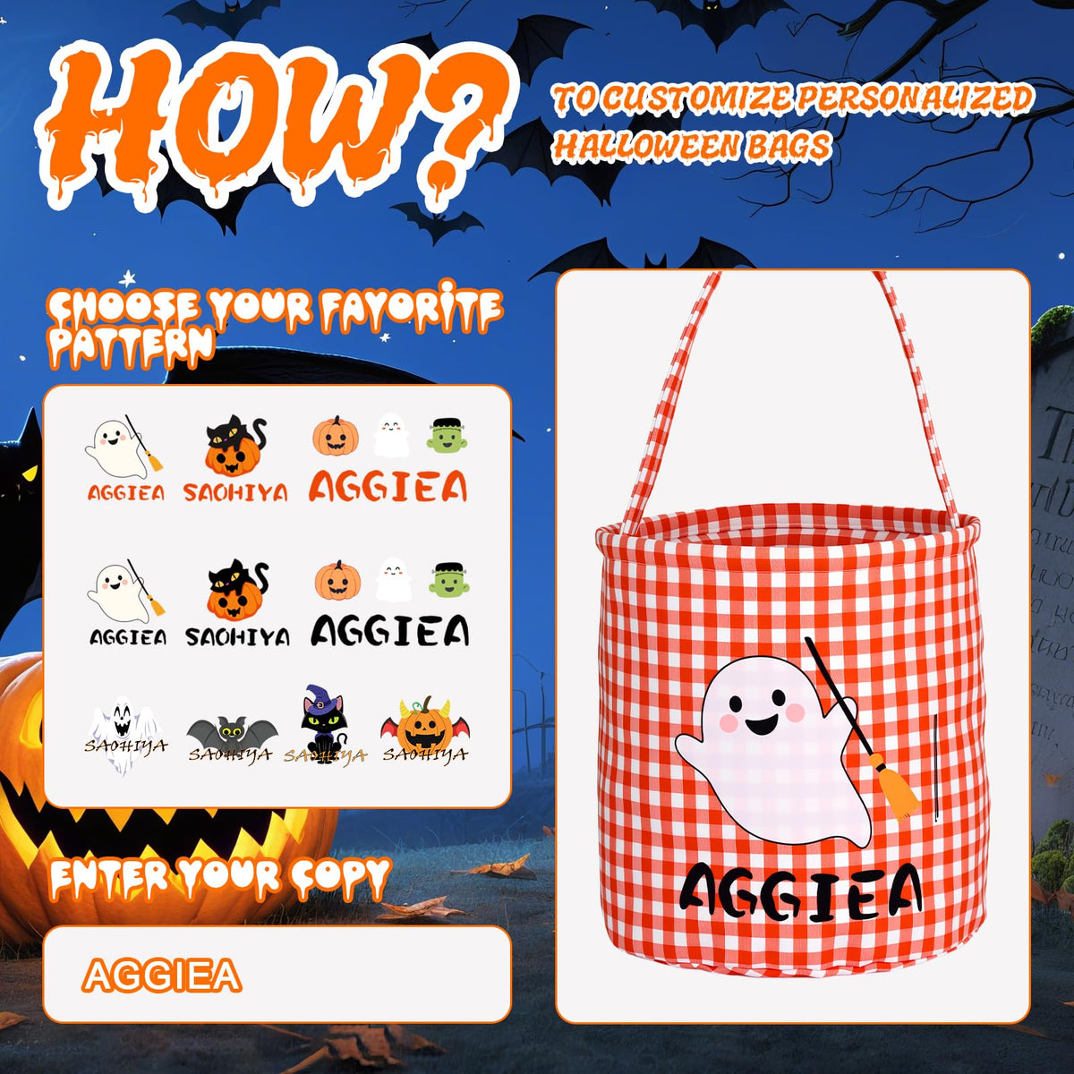 Personalized Halloween Basket, Halloween Candy Bucket with Name Large Capacity Trick or Treat Bags in 5 Colors (Black)