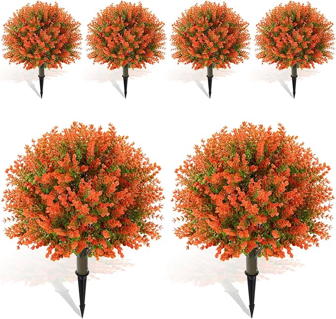 Yunlly 6 Pcs 18 Inch Fall Artificial Boxwood Ball Topiary Tree Outdoor Plants Bush, UV Resistance Faux Shrub with Spike Fall Porch Decor for Indoor Garden Yard Porch Patio Decor (Orange)