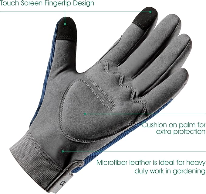 COOLJOB Thorn Proof Garden Gloves with Touchscreen Fingers for Men, Rose Pruning Work Gloves with Palm Cushion for Gardener, Farmer and Landscaper (Navy 1 Pair Medium)