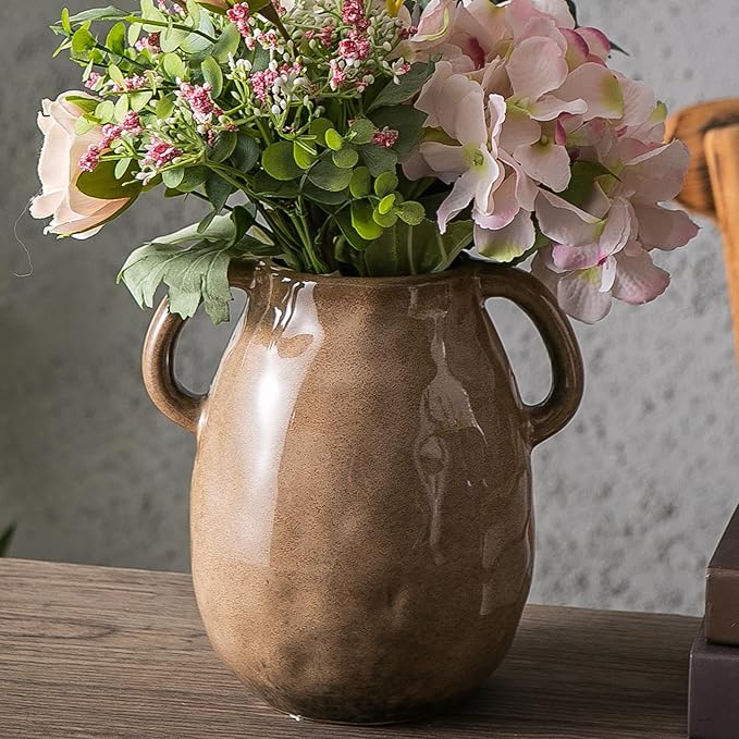 Kimdio Brown Ceramic Vase with 2 Handles, Modern Farmhouse Vase for Home Decor, Vintage Rustic Pottery Vase, Decorative Terracotta Vase, Clay Jug for Living Room Dining Table Shelf