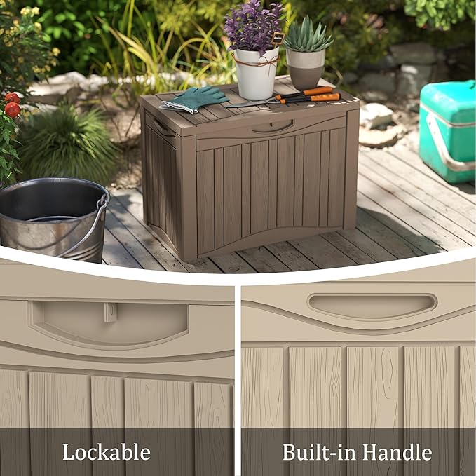 50 Gallon Lockable Resin Deck Box, Waterproof & UV-Resistant Outdoor Storage Box for Outdoor Cushion Storage, Garden Tools & Pool Accessories Storage, Gray