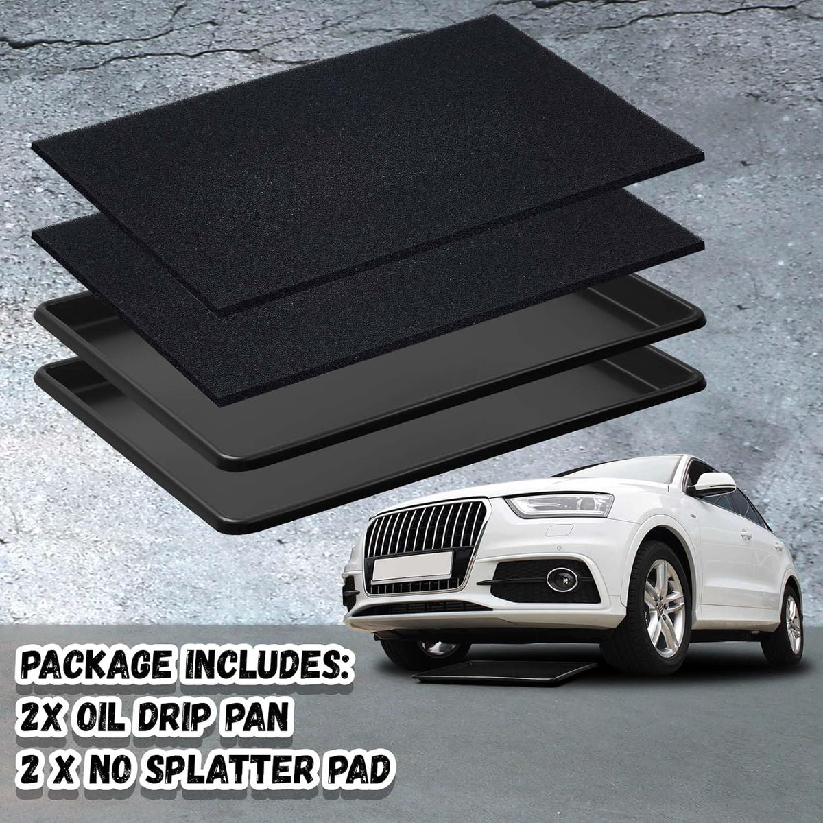 Uiifan 2 Sets 27'' x 20''x 1.4'' Oil Drain Drip Pan for Car with Square No Splatter Pad Oil Drip Tray with Mat for Under Car Transmission Garage Automotive Driveway to Keep Floor Clean, Black
