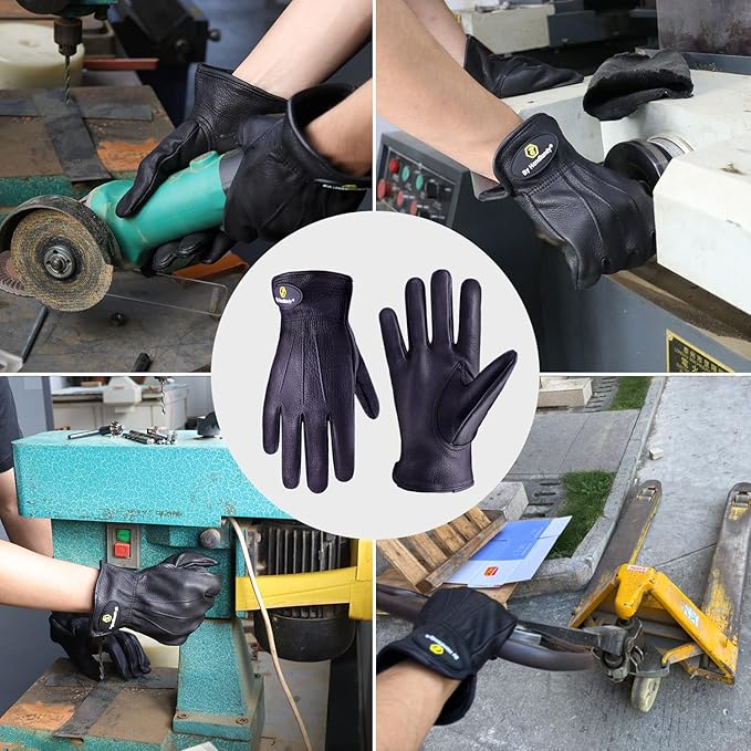 HLDD HANDLANDY Leather Work Gloves for Men & Women, Adjustable Wrist Cowhide Gardening Glove with Reinforced Palm for Driver