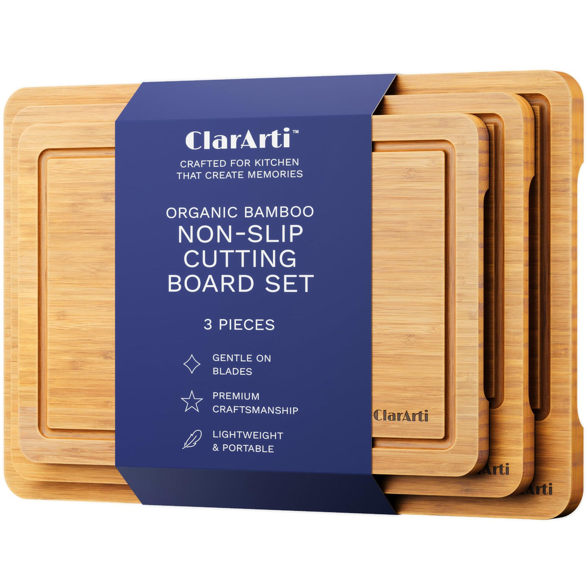 ClarArti - Bamboo Cutting Boards for Kitchen – Set of 3 Non-Slip Wood Cutting Boards with Juice Groove – Thick Organic Bamboo Chopping Board Set for Meat, Vegetables & Meal Prep