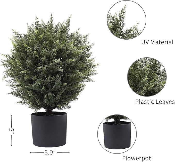 21” Artificial Cedar Outdoor Artificial Shrub Sunlight Resistant Leafy Potted Plant for Indoor Porch of Home and Office Artificial Outdoor Tree 2 Pieces a Set Topiary Trees