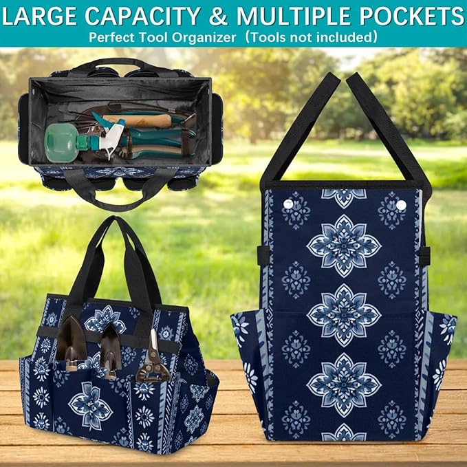 Westward Floral Gardening Tool Bag,Heavy Duty Garden Tote Bag,Portable Oxford Gardening Storage Basket Organizer Handbag with Pockets Handle,Hand Tools Gifts for Outdoor Garden Lawn Yard