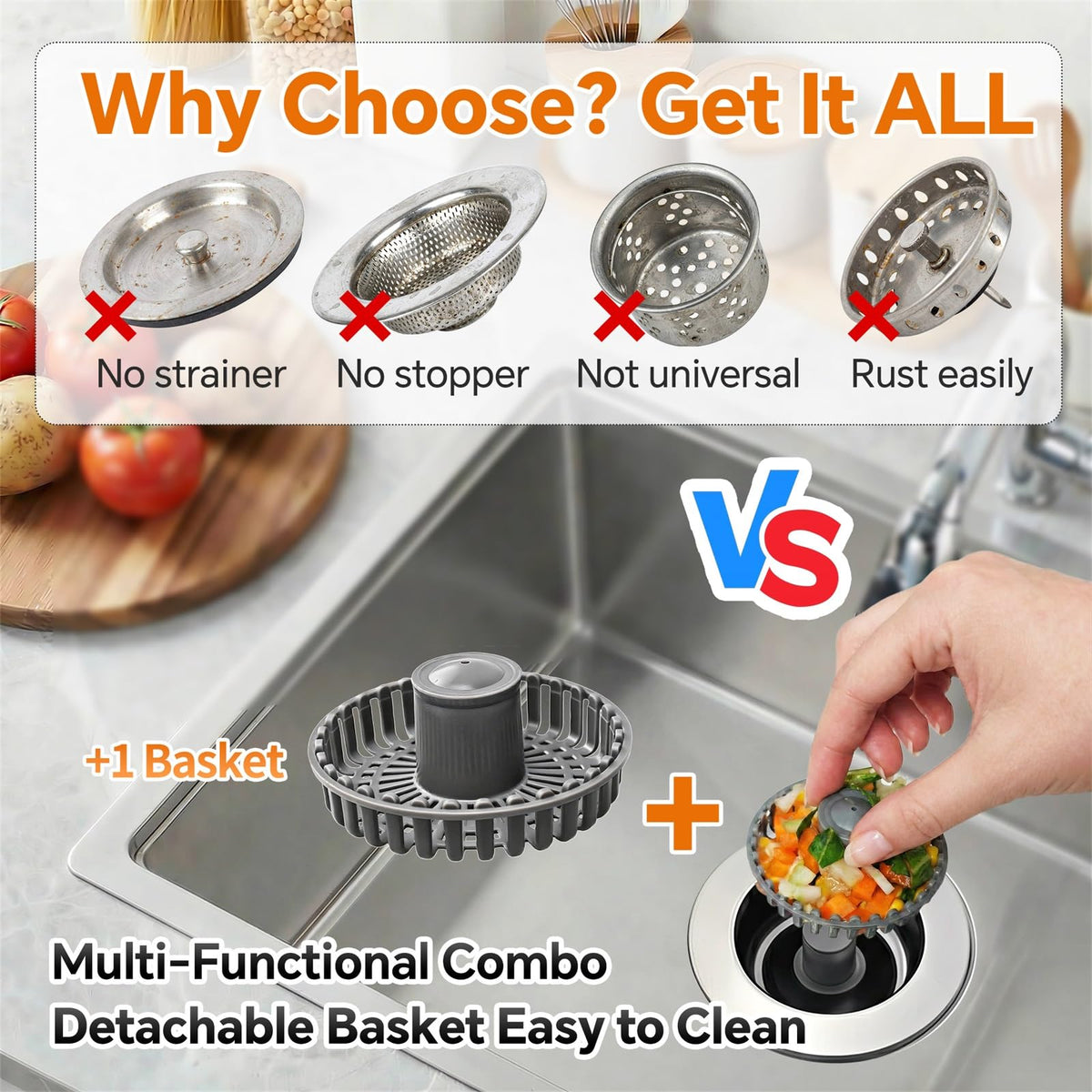 Blazeavian Solid Brass Body 3-in-1 Kitchen Sink Drain Strainer & Stopper, Heavy Duty Pop Up Plug Assembly with 2 Baskets, Anti-Clog Replacement for US Standard 3-1/2 Inch Drains, Rust-Proof Silver