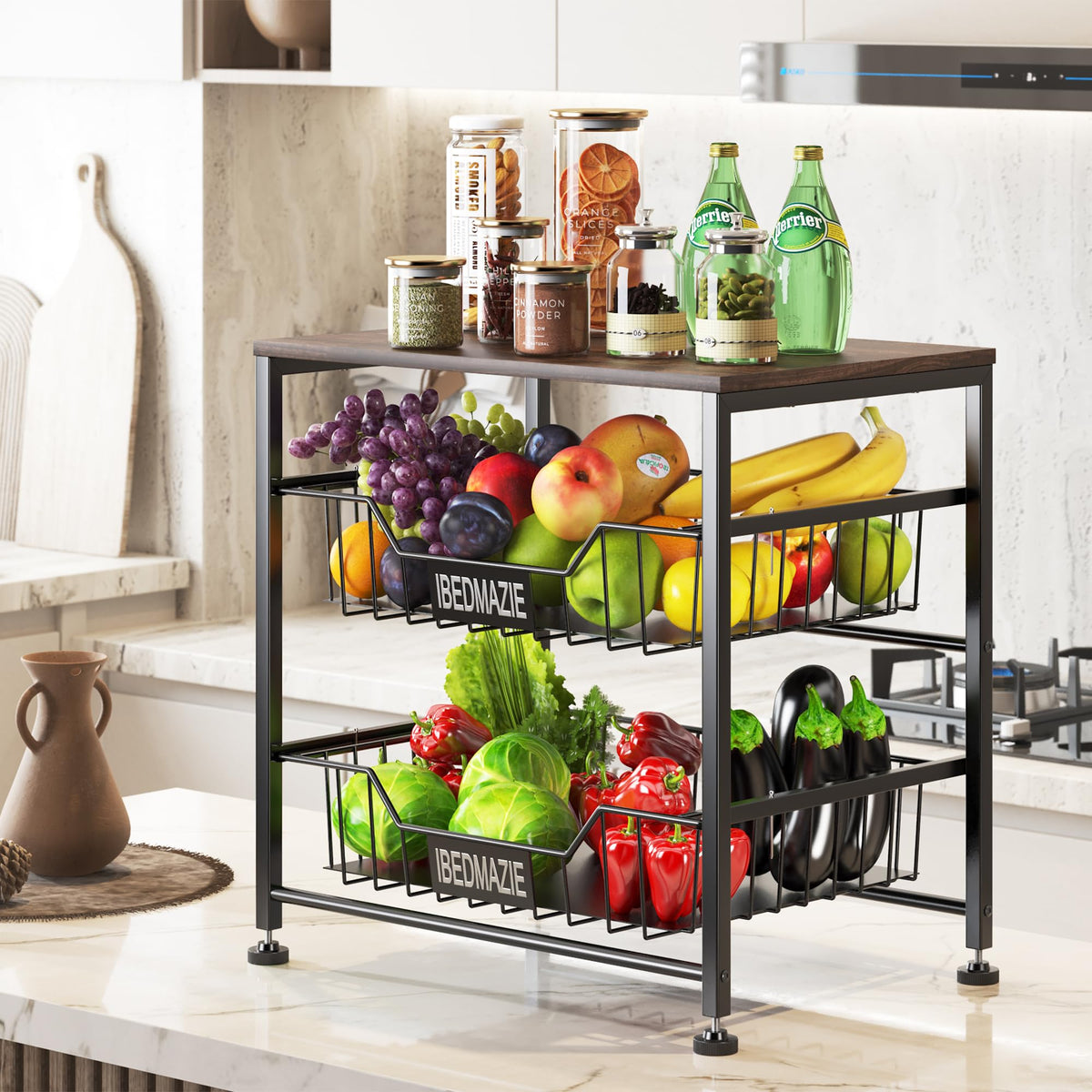 3 Tier Fruit Basket for Kitchen Metal Storage Organizer with Drawers