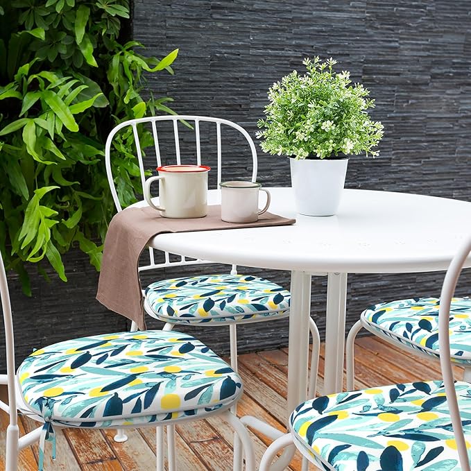 Indoor/Outdoor Chair Cushions 16x17 Inch, Patio Chair Cushions with Ties, All Weather Seat Cushions for Patio Furniture Home Garden Chair Use, Set of 4, Leaves Multi