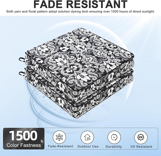 Favoyard Outdoor Chair Cushion 19 x 19 x 3 In Waterproof Pattern Fade Resistant Cushions for Patio Furniture with Removable Cover Attach Straps 28D Foam Insert Cushions Pads for Seat Sofa Couch 2 Pack