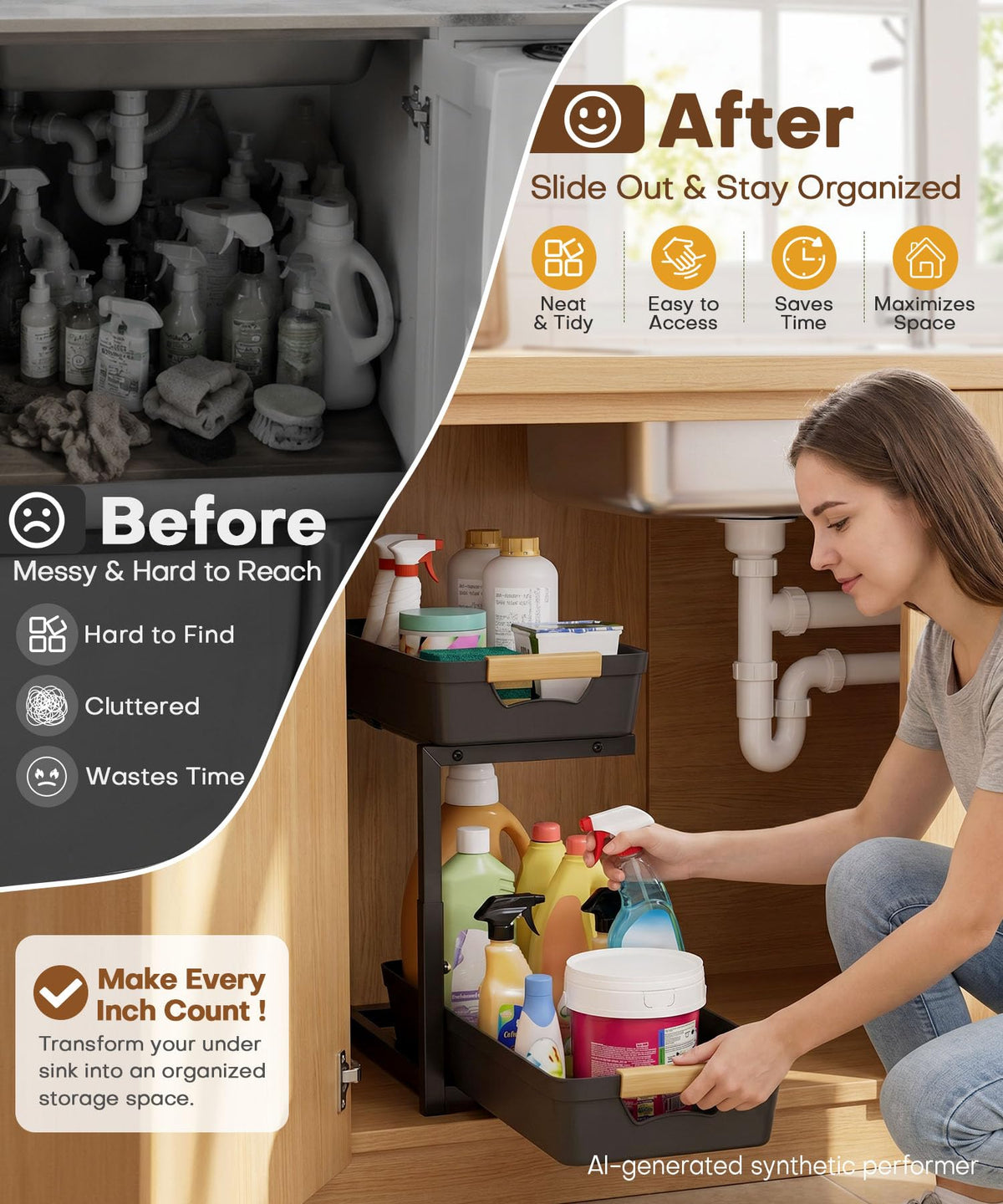 Homde Sliding Under Sink Organizer: 2-Pack Pull-Out Rack for Kitchen