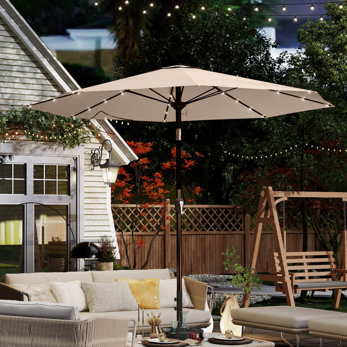10FT Solar Umbrella 32 LED Lighted Patio Umbrella Table Market Umbrella w/Tilt and Crank, UV-Resistant Outdoor Umbrella for Pool, Garden, Deck, Beige