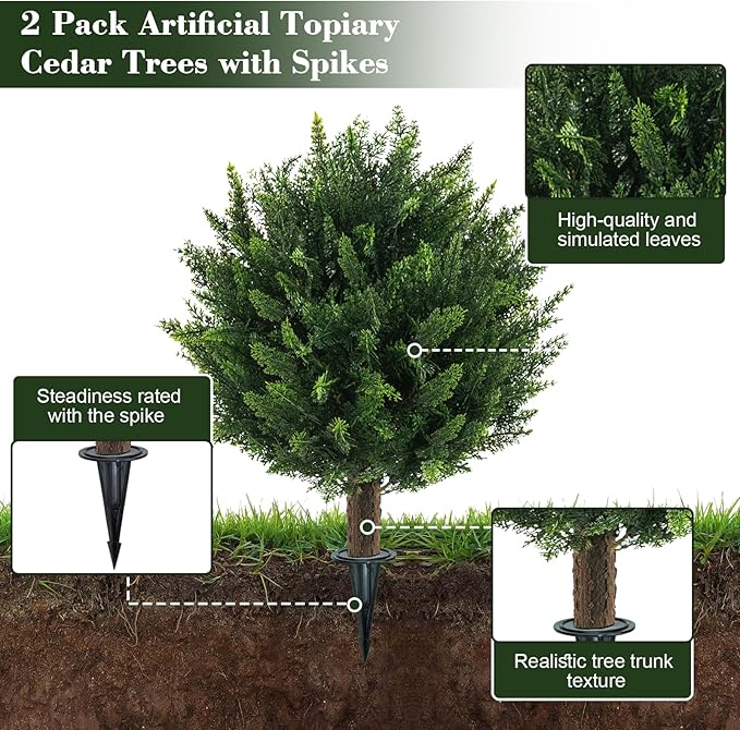 21" Artificial Cypress Topiary Outdoor Plants with Spike, 2 Pack Faux Cedar Bushes UV Resistant Fake Shrubs for Front Porch Décor