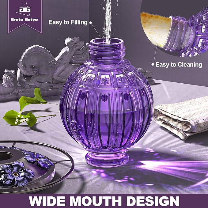Glass Hummingbird Feeder for Outdoors Hanging, Bird Nectar Feeder with Perch & 5 Flower Feeding Ports, 26 Oz Leak Proof for Outside Garden Decor Backyard, Gifts for Women Mom, Purple
