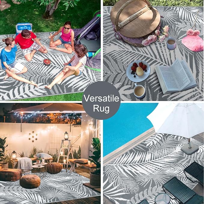 HiiARug Outdoor Reversible Plastic Straw Rug, 9'x12', Cool Gray, Large Patio Mat for RV, Backyard, Deck, Picnic, Beach, Trailer, Camping