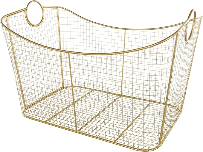 Deco 79 Metal Geometric Decorative and Functional Storage Basket Wire Grid Basket Organizer with Curved Edges Ring Handles, Basket for Storage 30" x 20" x 20", Gold