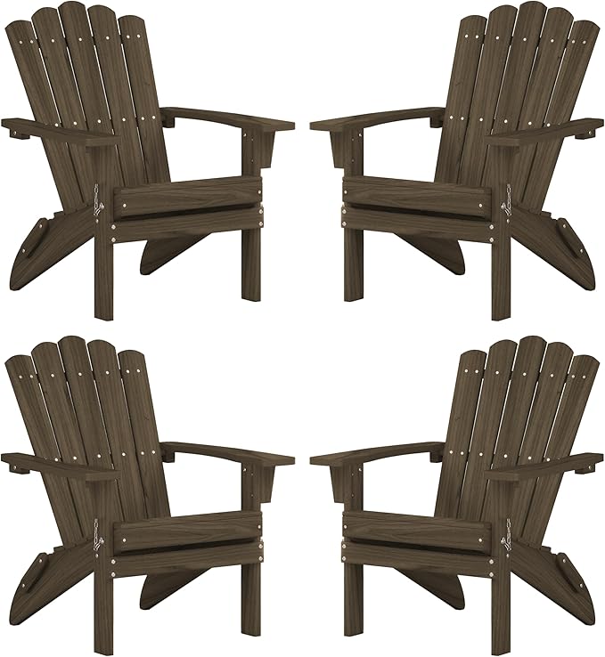 Set of 4 Folding Adirondack Chairs, Heavy Duty Weather-Resistant Patio Chairs with Wide Armrests & Ergonomic High Back, HDPE Fire Pit Seating for Backyard, Garden, Porch - Light Brown