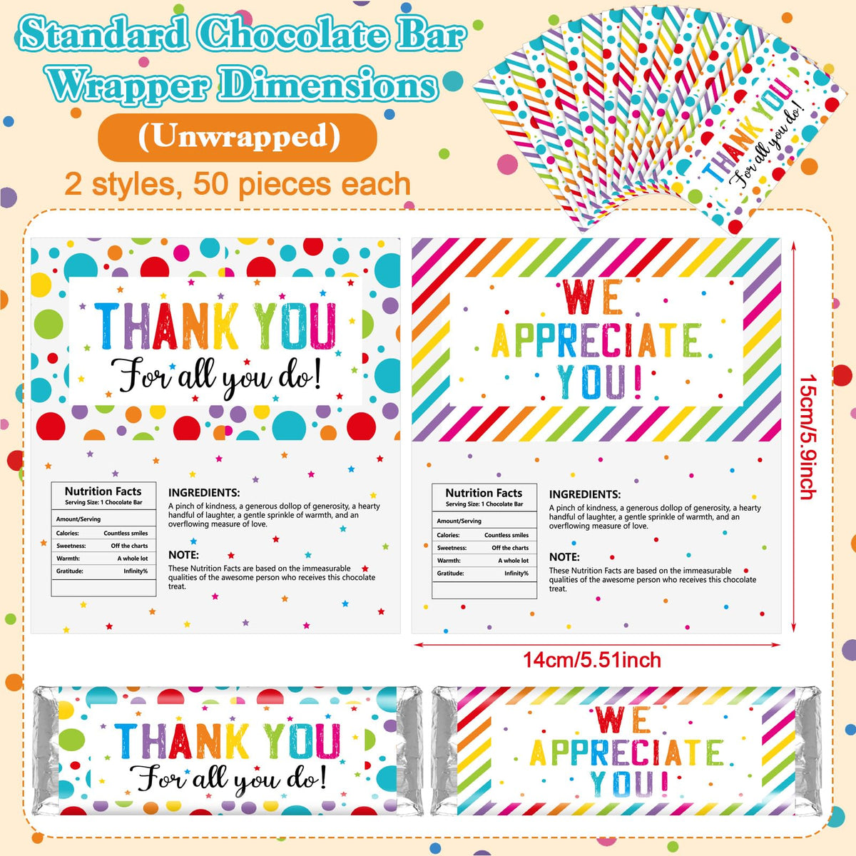 Moinchore 100 Pcs Candy Bar Wrappers We Appreciate You Theme,Dot