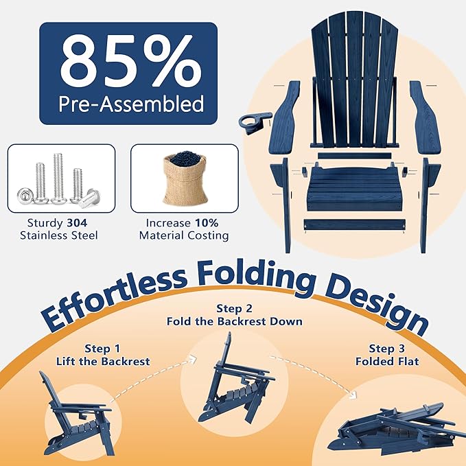 Folding Adirondack Chair Set of 2 with Cup Holder, HDPE All Weather Resistant Plastic Outdoor Patio Chairs, Heavy Duty Fire Pit Seating for Backyard Lawn Garden, Wooden Textured Design(Navy Blue)