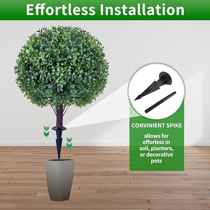 Artificial Boxwood Sphere Bushes Set of 2 Lifelike - UV Resistant Faux Shrubs with Stakes for Effortless Porch, Planter & Indoor Decor 16in FZHCZWZX