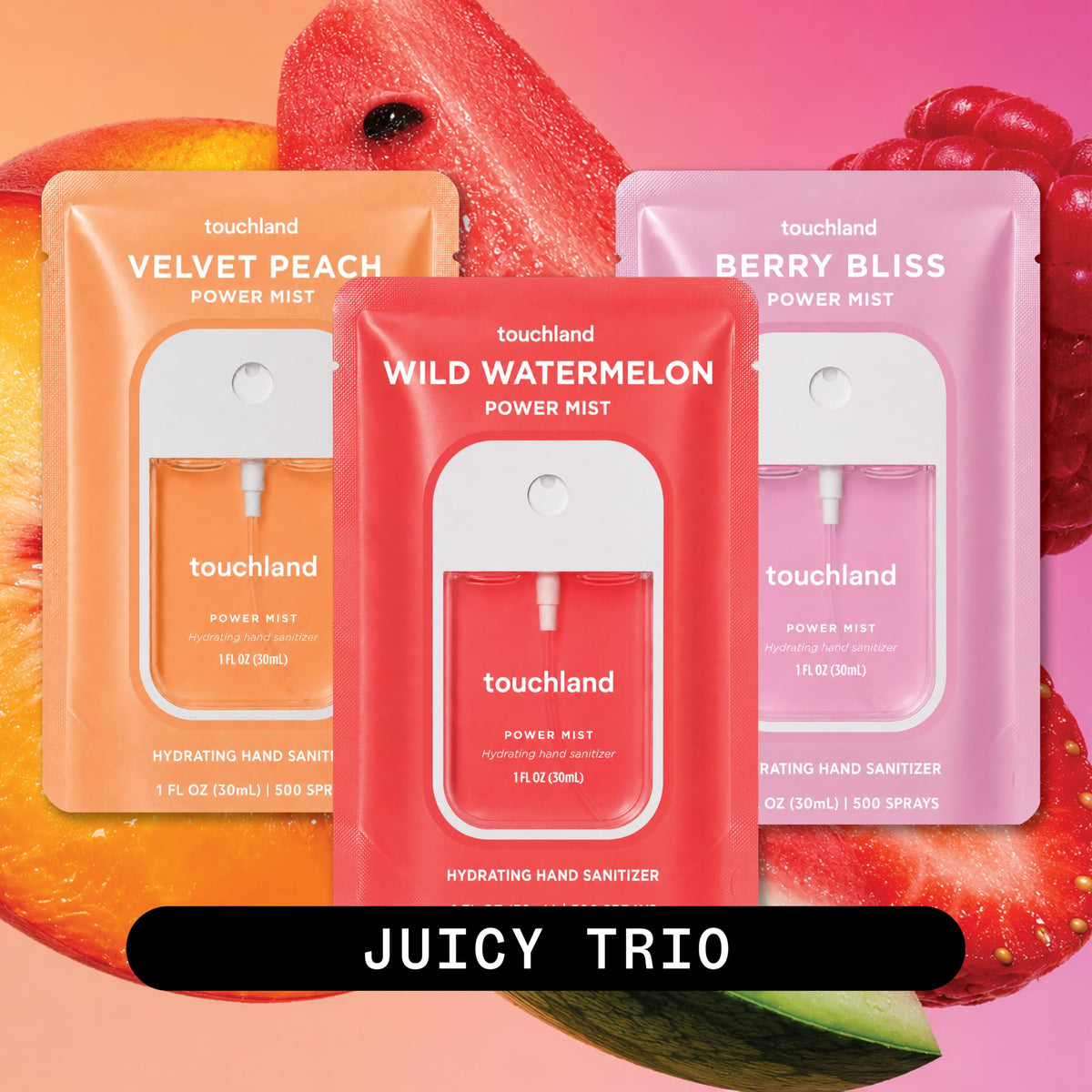 Touchland Juicy Trio Hydrating Hand Sanitizer Spray Set Travel Size