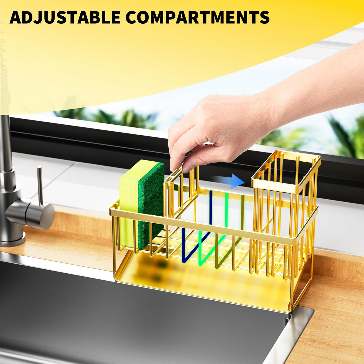 Cisily Gold Kitchen Sink Caddy Organzier with High Brush Holder, Sponge Holder for Sink, 304 Rustproof Stainless, Kitchen Countertop Soap Dispenser Organizer, Home Decor and Accessories