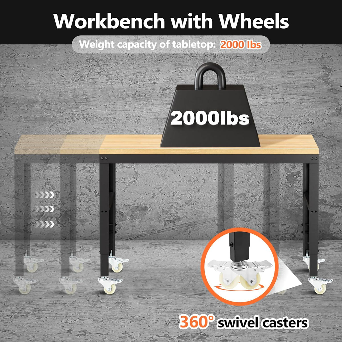48” Adjustable Workbench，Heavy Duty Wood Work Bench 2000 Lbs Load Capacity,Work Table with Power Outlet and Wheels for Garage, Workshop, Office, Home