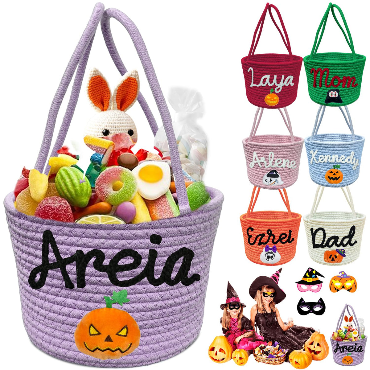 Personalized Halloween Basket, Trick or Treat Bags with Name for Kids Boys Girls Custom Woven Candy Bucket Pumpkin Gifts