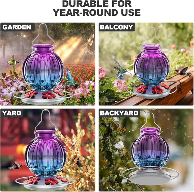 Glass Hummingbird Feeder for Outdoors Hanging, 26Oz Bird Nectar Feeder with Perch & 5 Flower Feeding Ports, Leak Proof for Outside Garden Decor Backyard, Gifts for Women Mom, Purple Blue