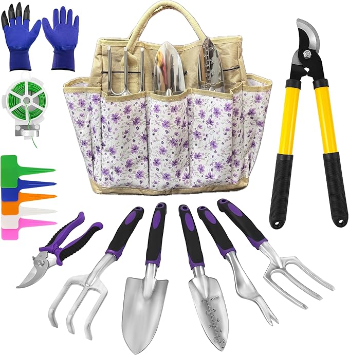 41-Piece Premium Gardening Tool Set, Stainless Steel Heavy Duty Gardening Tool Kit, with Non-Slip Rubber Grip, Storage Tote Bag, Outdoor Hand Tools, Ideal Gardening Gifts for All (Purple Floral)