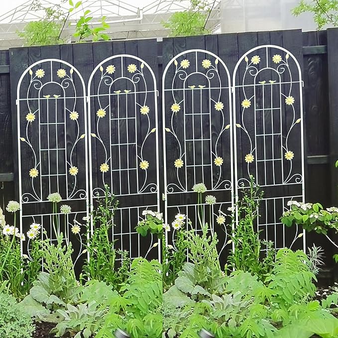 4 Pack Metal Garden Trellis 86.7" H Garden Fence Rustproof Trellis Cream White for Climbing Plants Support Roses Flower Cucumber Outdoor Lawn, White