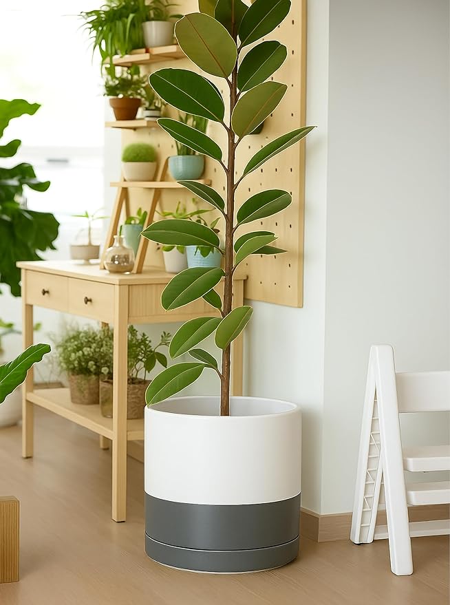 D'vine Dev 14 Inch Ceramic Planter Pot with Drainage Hole and Saucer, Indoor Cylinder Round Planter Pot, White/Speckled Grey, 94-O-G-6