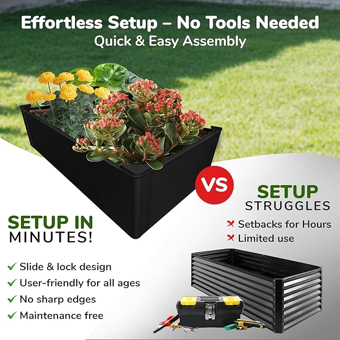 Raised Garden Bed - 2x4 ft Planter Box - Black HDPE - No Tools Needed - DIY Kit for Urban Gardening, Flowers, Herbs & Vegetables - Made in The USA