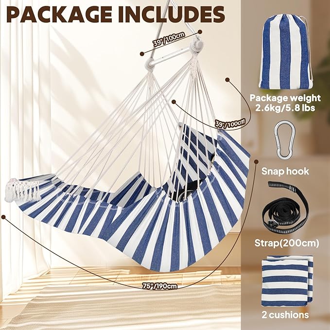 Chihee Hammock Chair Hanging Chair with Foot Rest 2 Cushions Max 500lbs Robust Metal Spreader Bar Collapsible Easy Storage Soft Cotton Swing Chair Strong Strap Iron Carabiner Side Pocket Included