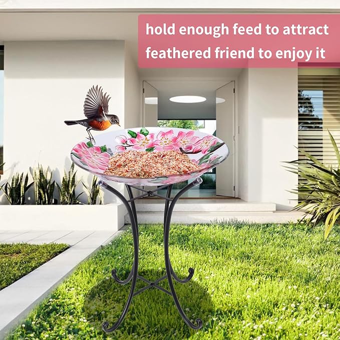 VCUTEKA Bird Baths for Outdoors, Glass Bird Bath with Metal Standing for Garden, Yards Patio Décor, Bird Lovers Gift, Cardinal Glass Birdbath Detachable (22" H * 18" W)