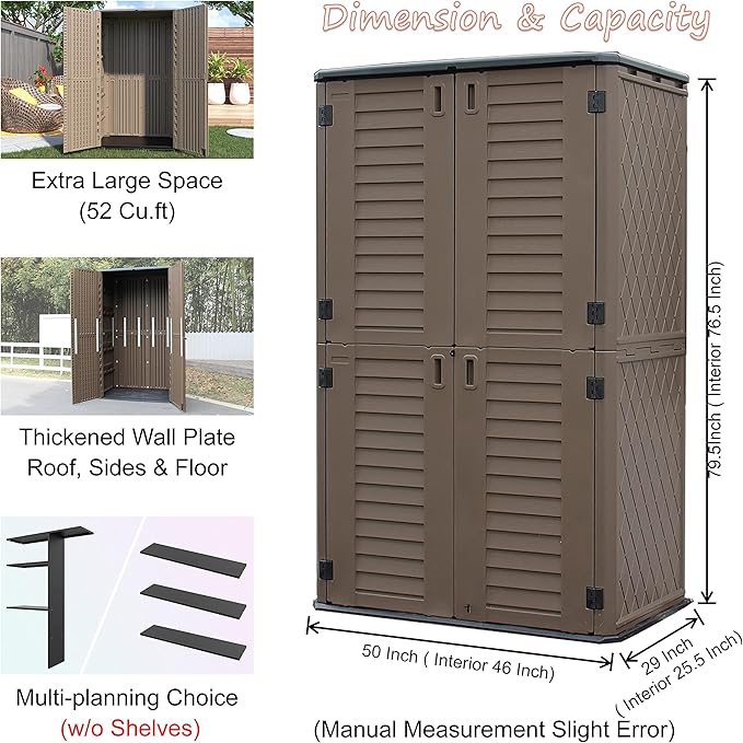 Sheds & Outdoor Storage, 52 Cu.ft Vertical Storage with Floor, Cabinet Waterproof for Garage Pool Bike Shed, Garden , Coffee Brown
