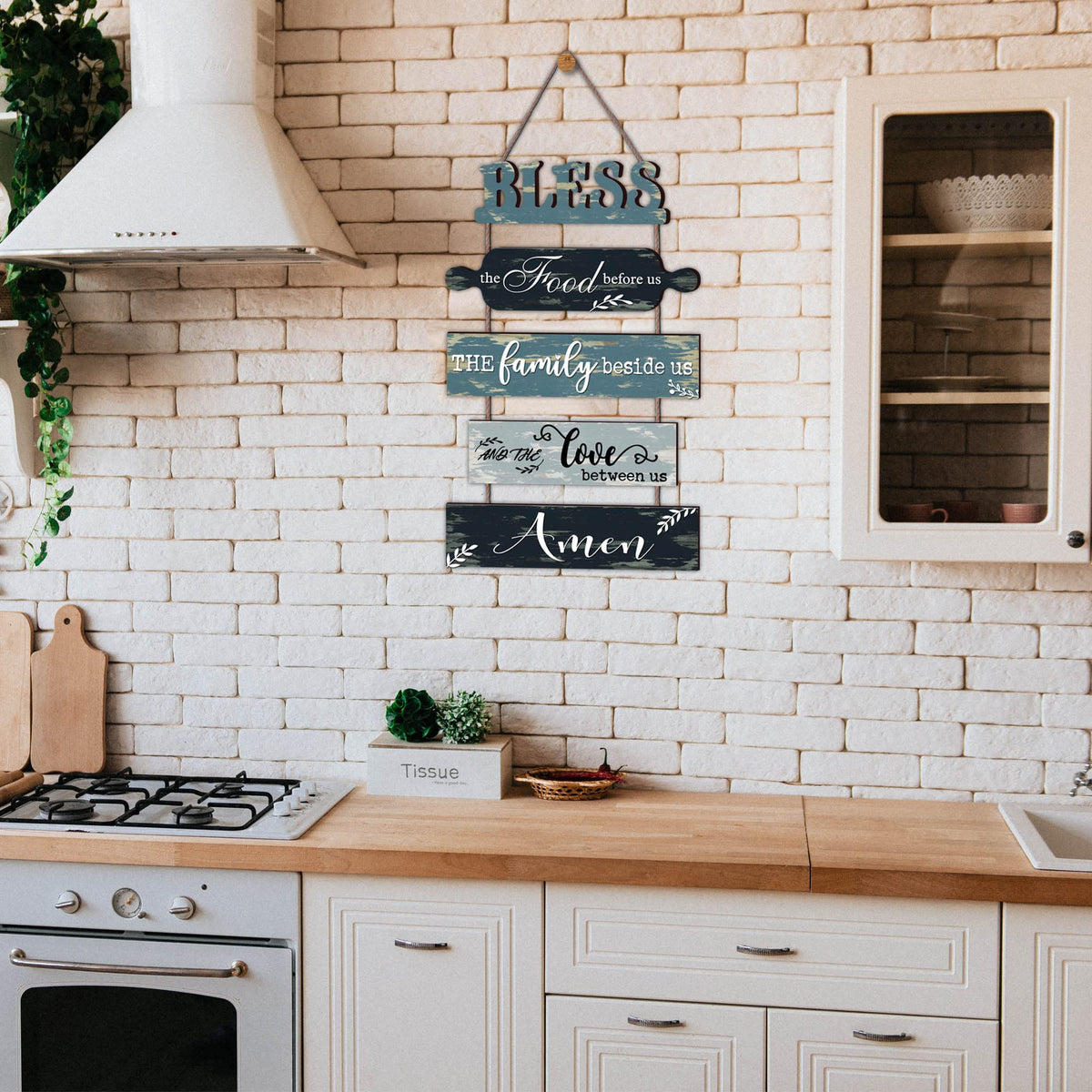 Bless the Food Before Us Teal Tone Farmhouse Kitchen Wall Plaques