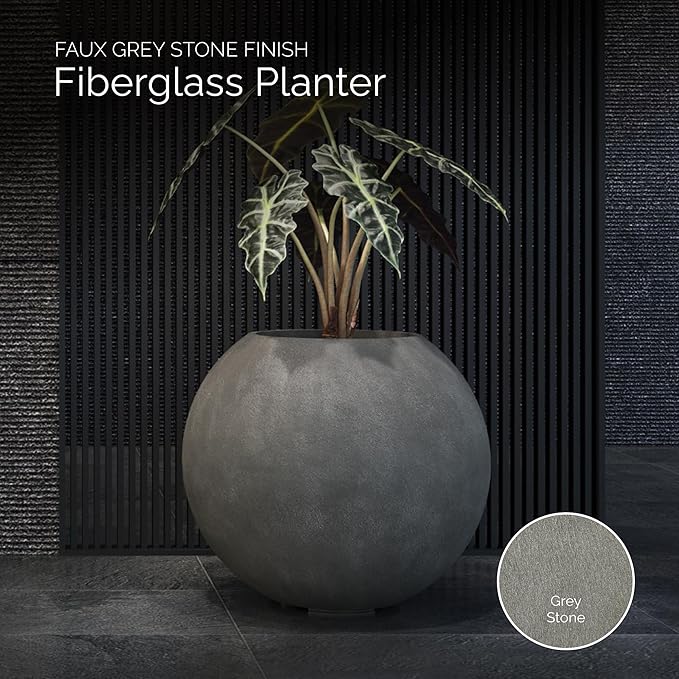 Orbo Large Planter – Fiberglass Indoor/Outdoor and Weather-Resistant Globe Planter (Grey Stone, 35.4" D x 31.3" H)
