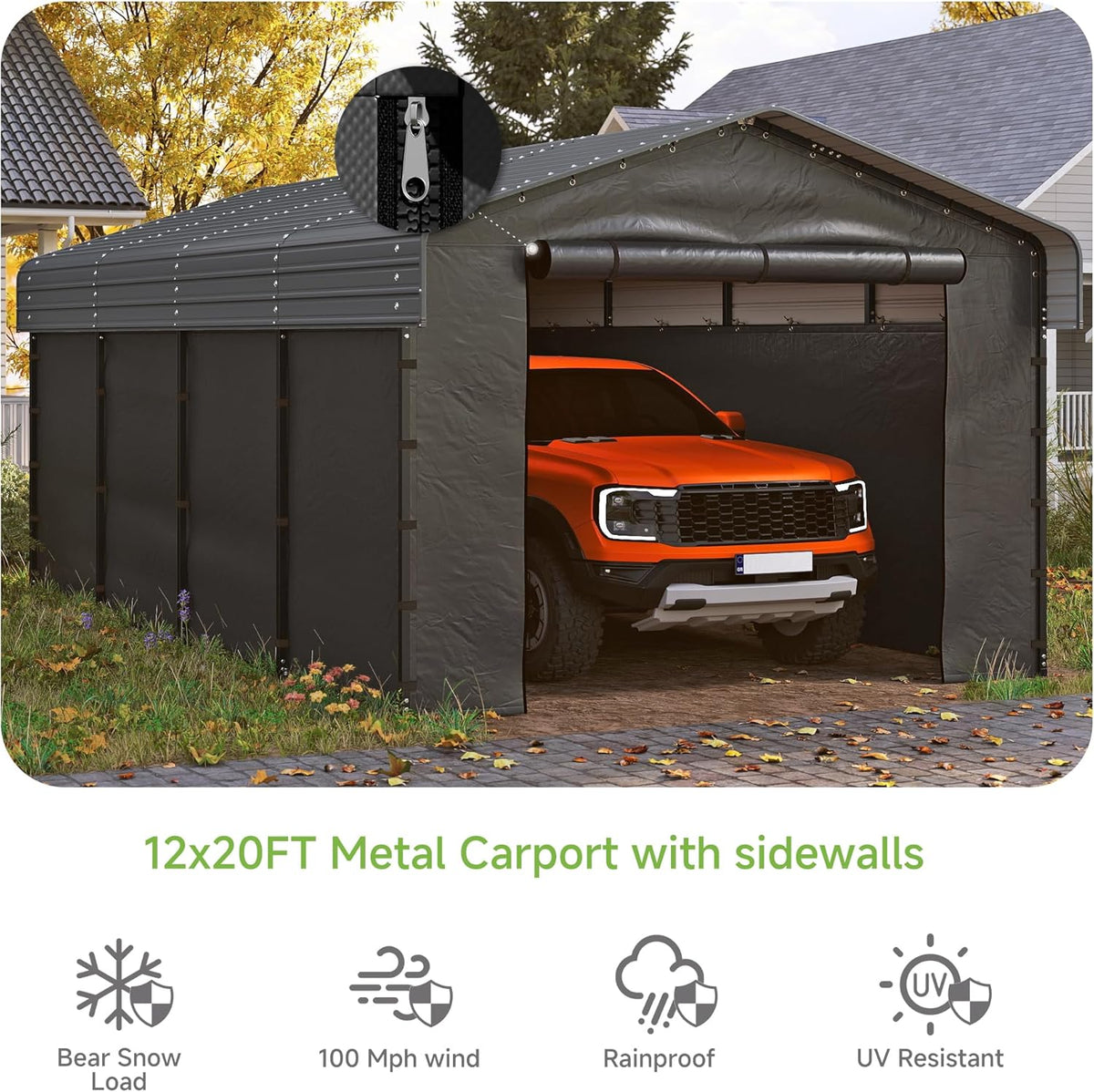 Real Relax 12'x20' Heavy Duty Metal Carport, Outdoor Garage Car Shelter Shade with Galvanized Roof & Removable Sidewalls, Heavier Metal Frame for Car and Boats, Truck Grey