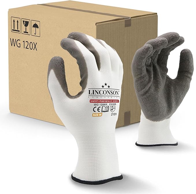 linconson 12 Pack Safety Performance Series Construction Mechanics Wrinkle Latex Work Gloves