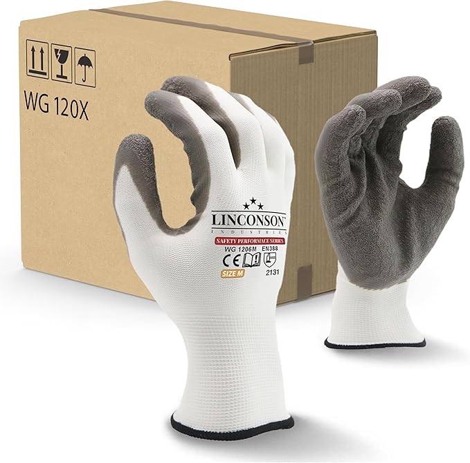 linconson 12 Pack Safety Performance Series Construction Mechanics Wrinkle Latex Work Gloves